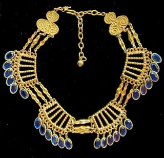 Vtg Crown Trifari Egyptian Revival Gold Tone Necklace Sapphire Dangles