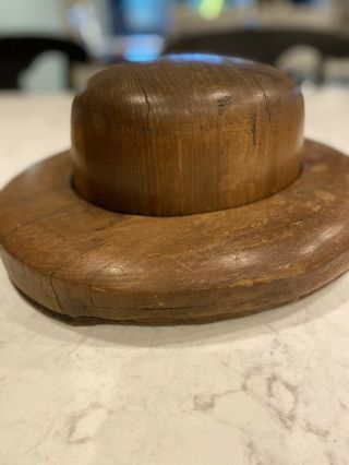 Antique Millinery Wood Hat Block Mold Brim Form 2 - Piece Primitive Rustic