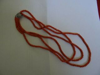 Fine Authentic Vintage 3 Strand Natural Red Coral Bead Necklace 10k Gold Clasp