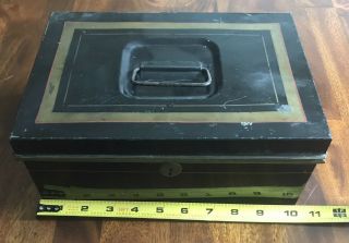 Vintage Antique Black Tin Lock Box,  Cash & Deed Box,  Strong Box