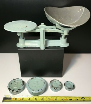 Vintage Metal Scale W/ Tin Basket Pan & Four Weights - Great