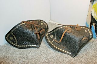 Vintage Tapaderos Tooled Leather Studded Concho Wood Stirrups Same Side