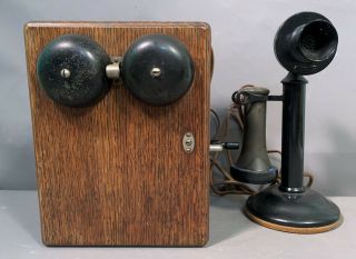 Ca.  1915 Antique Western Electric Old Candlestick Telephone Phone & Oak Ring Box