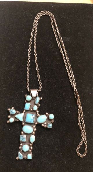 Large Vintage Mexico Sterling Silver Turquoise Cross 20 " Chain Necklace