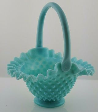 Vtg.  Fenton Aqua Turquoise Blue Hobnail Milk Glass Basket - 7 - 3/4 " T & 6 - 3/4 W