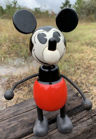 Rare Vintage Wooden Mickey Mouse Bank By Vilac Made In France Tall Lock And Key