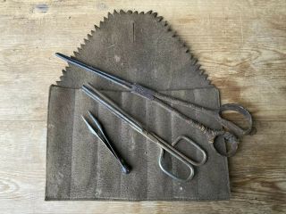 Antique/vintage Hair Dressers Tools In Handmade Leather/suede Pouch