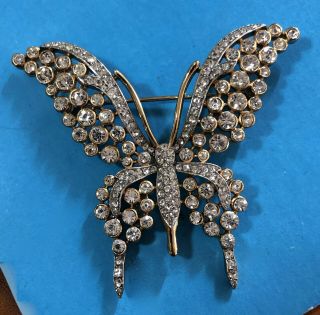 Vintage Signed Trifari Butterfly Pin Gold Tone Metal Clear Rhinestones