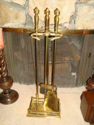 Vtg.  Ornate Solid Brass Fireplace Tool Set:stand,  Shovel,  Brush,  Poke - Framed Base