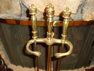 Vtg.  Ornate Solid Brass Fireplace Tool Set:Stand,  Shovel,  Brush,  Poke - Framed Base 2