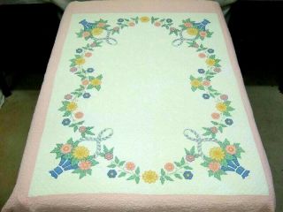 Vintage Handmade Appliqued And Embroidered Flowers & Basket Quilt