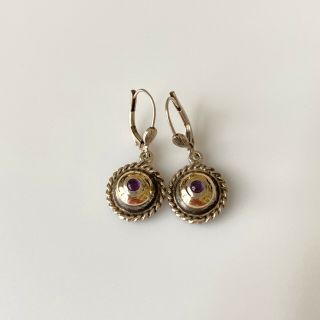Vintage Anita Selinger 925 Sterling Silver & 14k Gold Amethyst Dangle Earrings 2