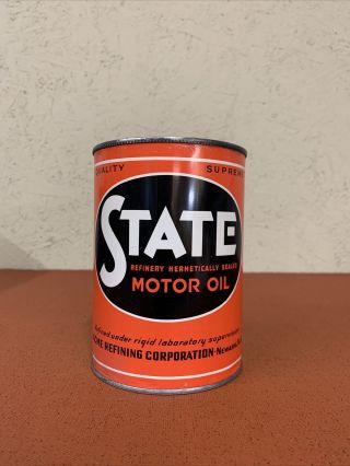 Vintage State Motor Oil Can 1 Qt Quart Metal Tin Empty Can Acme Quaker State