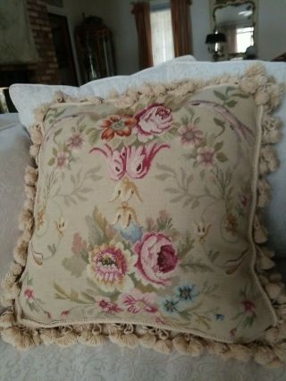 French Scroll Aubusson Needlepoint Roses With Tassel Feather Pillow Huge Vintage