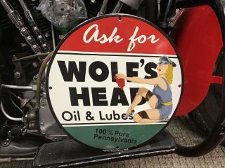 Vintage Porcelain 1948 Ask For Wolf’s Head Oil&lubes Display Sign Ford Harley