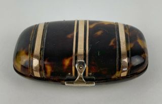 Antique Tortoise Shell Case Etui 2.  5 " Brass Banded,  Silver Latch & Hinge