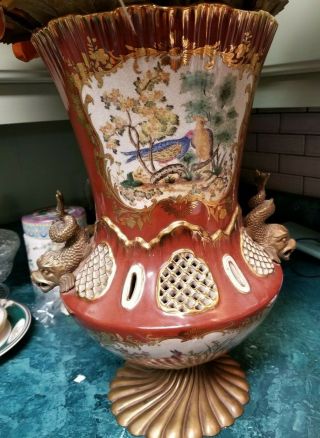 Vintage Large Porcelain Vase With Brass Koi Fish Brass Foot 15.  5 " Tall 9 " Across