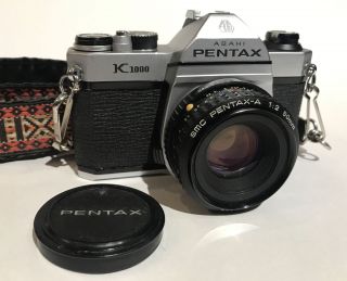 Pentax K1000 35mm Slr Film Camera W/ Smc Pentax - A 50mm F/2 Lens,  Vintage Strap