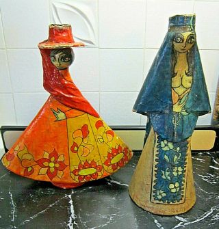 2 - Vintage Signed Abelardo Ruiz Mexican Folk Art Paper Mache Figures Candlestick