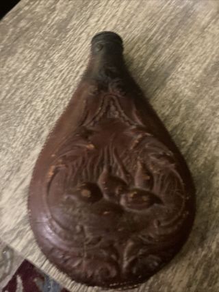 Vintage Antique Brown Leather Bird Design Flask Gun Powder Send Offers