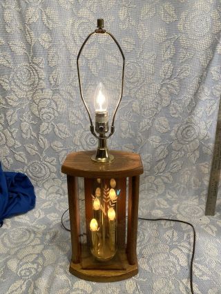 Vintage Oak Brass Smoked Etched Bevel Glass Mirror Table Lamp Candle Base Light