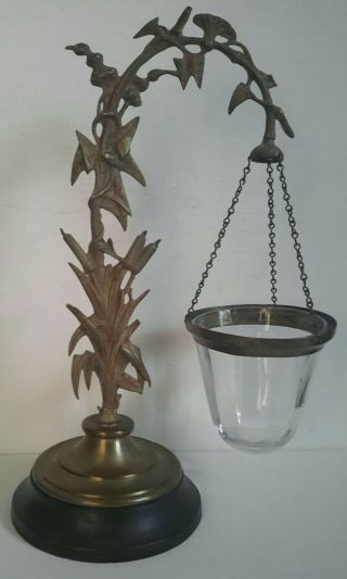 Antique Victorian Brass And Glass Hanging Floating Oil Lamp / Posey Holder