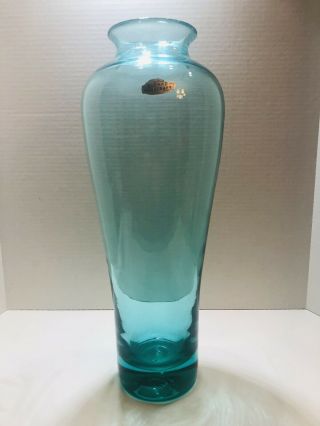Vintage Blenko Hand Blown Turquoise Aqua Blue Green Vase 15 1/2” Tall Mcm