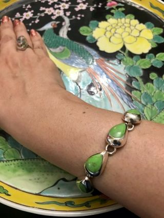 Taxco Silver & Green Turquoise Bracelet,  Vintage Mexican Silver Link Bracelet