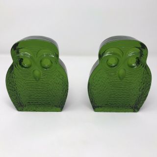 Vintage Blenko Green Glass Owl Bookends