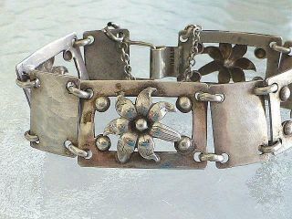 Vintage Art Deco Repousse Lily Flower Sterling Silver Link Panel Bracelet 26g