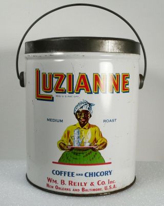 Vtg 1928 3 Lb Luzianne Coffee & Chicory Tin Can W/ Lid & Handle Bucket