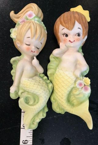 Pair Vintage 8 " Lefton Mermaids Wall Plaques Pony Tail Girl & Boy W/ Crown