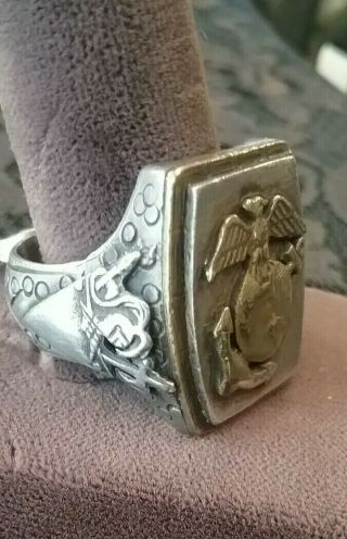 Vintage Sterling Silver & Gold Usmc Ring Size 12 United States Marine Corps 26g