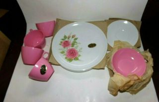 Vintage Melmac Rose Pink Floral 16 Piece Dinnerware Set Nib
