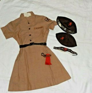 Vintage Brownie Girl Scout Uniform & 2 Beanies,  Belt,  Headband,  Garter