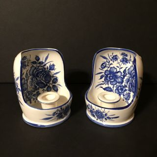 Vintage Royal Danish Blue White Candle Stick Holders With Handles