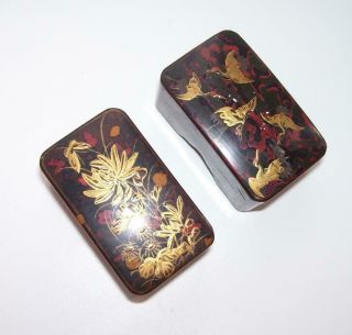 2 X Antique Victorian Paper Mache Gold Lacquer Chinese Chrysanthemum Crane Boxes