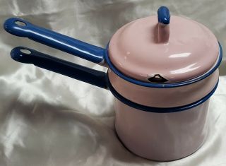 Vintage Enamel 3 Piece Small Pink With Blue Trim Double Boiler Pan