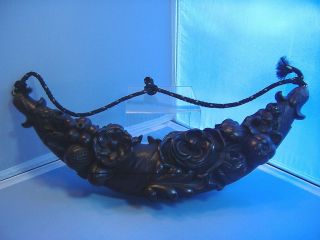 Antique Hand Carved Dark Wood Floral And Fruit Wall Hanging - 15 "