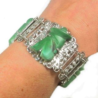 Wide Vintage Mexico Sterling Silver Bracelet Carved Green Onyx Sleeping Man