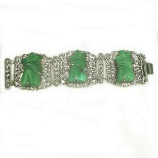 WIDE VINTAGE MEXICO STERLING SILVER BRACELET CARVED GREEN ONYX SLEEPING MAN 2