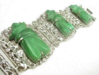 WIDE VINTAGE MEXICO STERLING SILVER BRACELET CARVED GREEN ONYX SLEEPING MAN 3