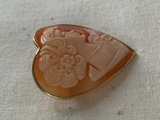 Vintage Retro 14K Gold Heart Shape Hand Carved Shell Cameo Pin Brooch 1950s sign 2