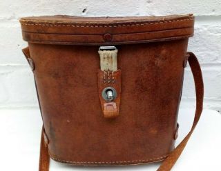 Vintage Hard Brown Leather Binocular Case Blue Felt Made In Japan