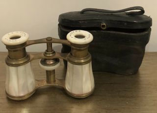 Antique Victorian Le Maitre Mother Of Pearl Brass Opera Glasses