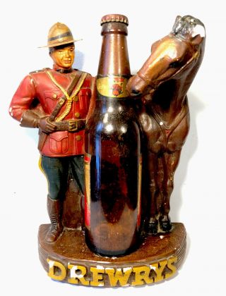 Vtg 1950s Drewrys Beer Advertising Chalkware Statue 11” Canadian Mountie & Horse