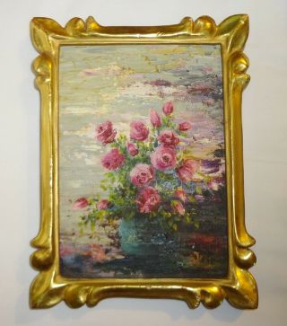 Vintage Impasto Oil Painting Still - Life Vase Of Roses Signed? 4 5/8 " X 6 1/2 "