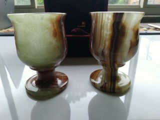 Vintage Natural Onyx Agate Marble Carved Stone Goblets Earth Tone Green/tan/red