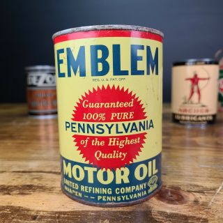 Vintage Emblem Motor Oil Can 1 Qt Quart Metal Tin Empty Can