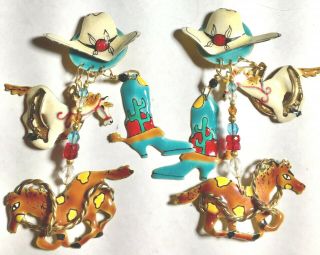 Lunch At The Ritz Vintage Enamel Cowboy Crystal & Gold Tone Earrings 1989